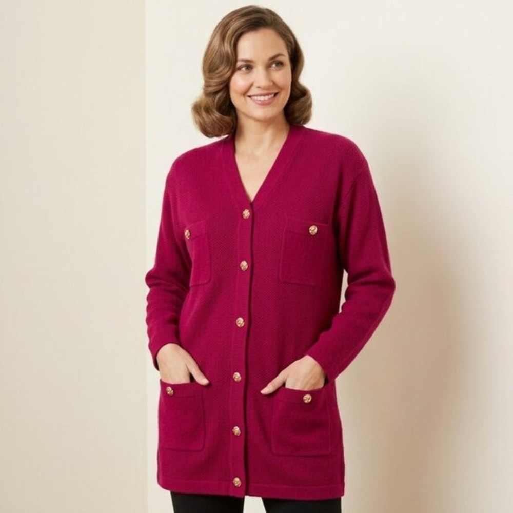 John Laing Scotland Magenta 100% Cashmere Longline Cardigan Gold Buttons‎ Small